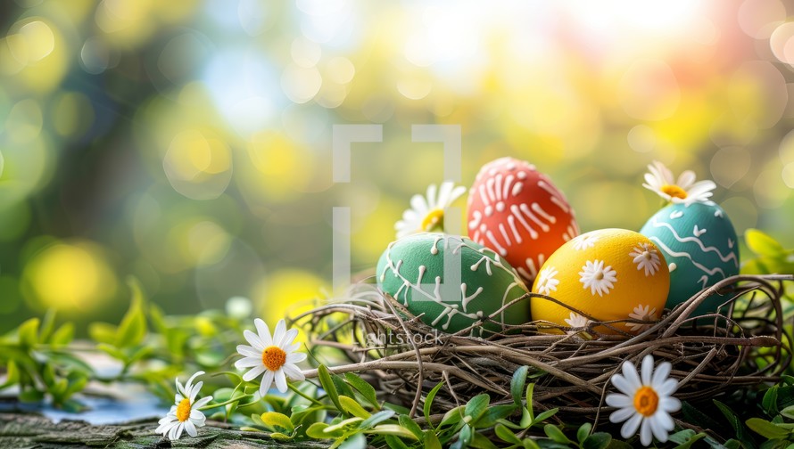 Colorful Easter eggs nestled in birds nest surrounded by spring daisies. Concept of springtime, nature, holidays and renewal.