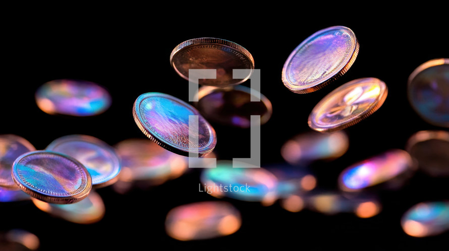 Falling coins on a black background. Concepts of finance, economy, investment, and wealth.