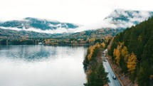 aerial view over a lake in autumn 