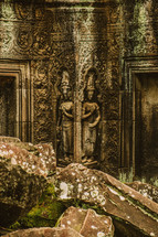 carvings and sculptures on Temple ruins in Cambodia 