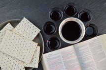 Open Bible, unleavened bread and wine cups 