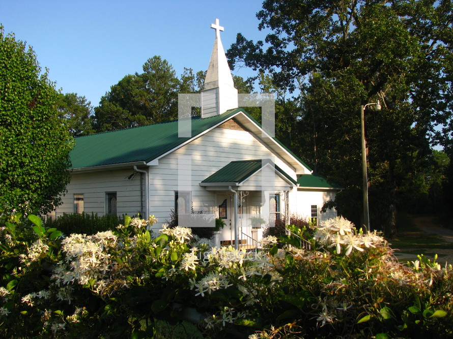 church with a green roof and white steeple 