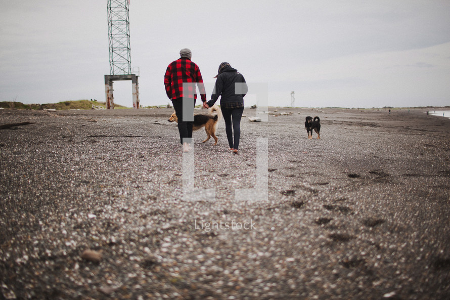 a couple holding hands and walking on a beach with dogs