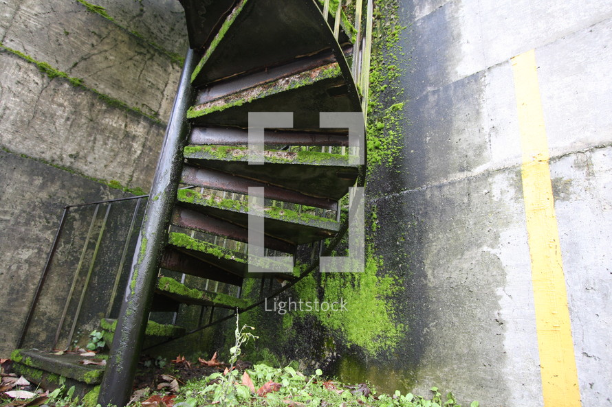 Outside winding staircase covered in moss