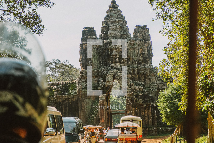 traffic leading to ruins in Cambodia 