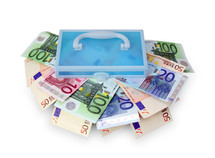 Plastic box with euro banknotes on white background