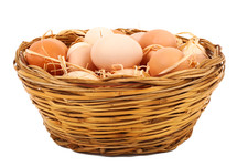 Basket of eggs on white background