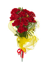 Artificial bunch of red roses made of synthetic fiber on white background