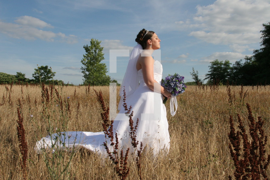 Bride standing in a field