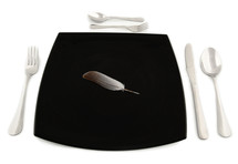 Metaphoric concept with feather in the plate with cutlery on white table.