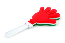 Toy in the shape of hand to make noise. Made of plastic and colors of the Italian flag.