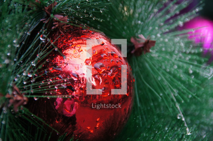 red christmas ornament ball on a Christmas tree