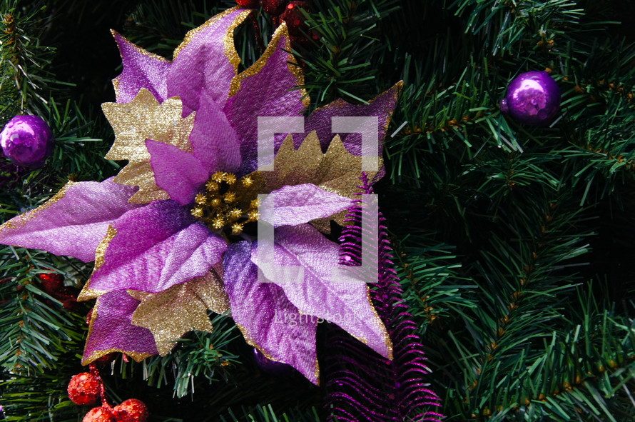 purple poinsettia ornament on a Christmas tree