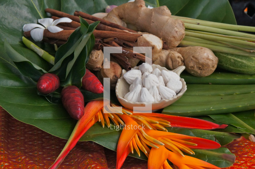 tropical display of edible roots  at a local ethnic market