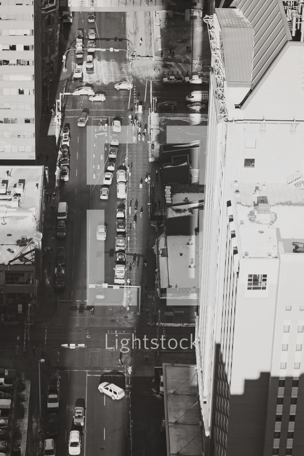photo capture from high above in the downtown streets