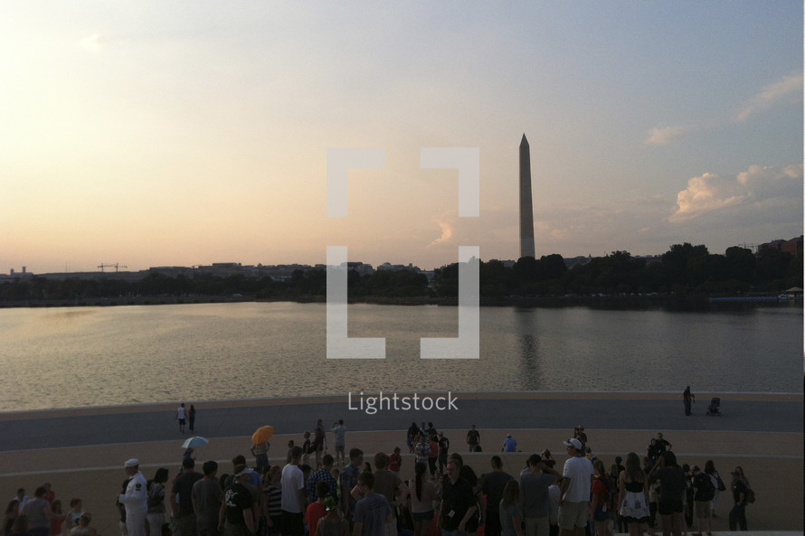 tourists gathered to view the Washington monument