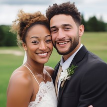 Beautiful african american bride and groom embracing on wedding day