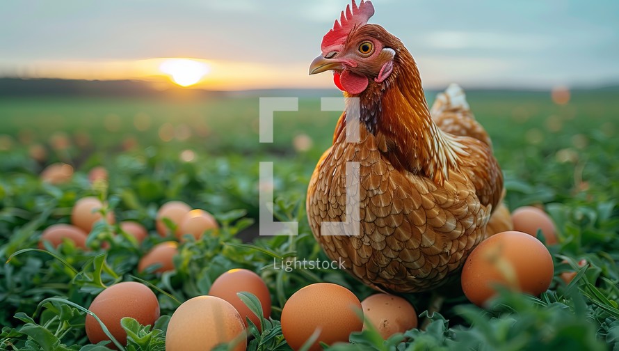 chicken in the field of eggs at sunset. concept of agriculture