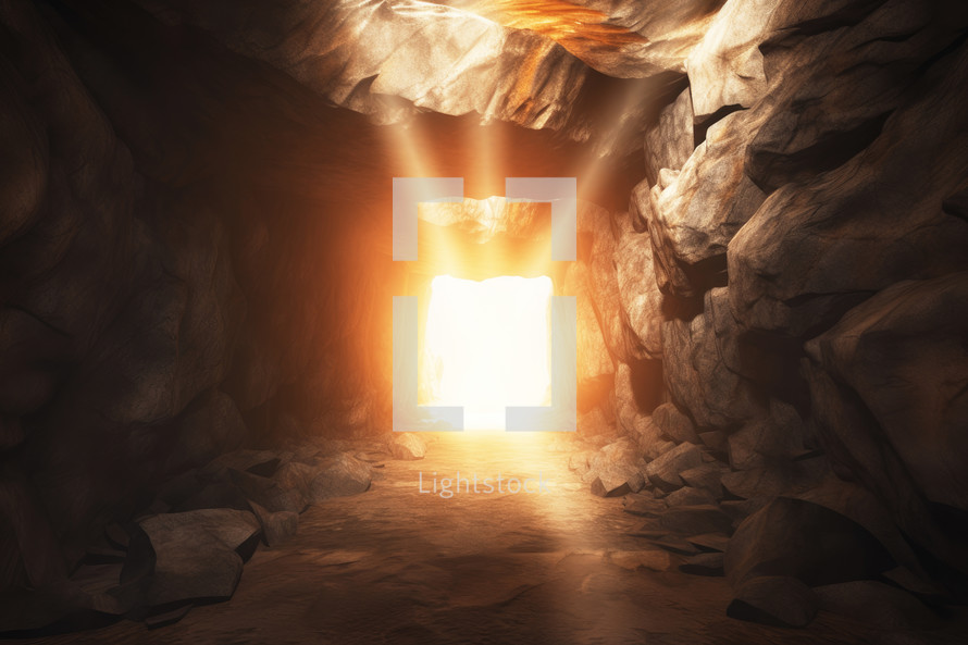 Resurrection. Entrance to a cave with light at the end