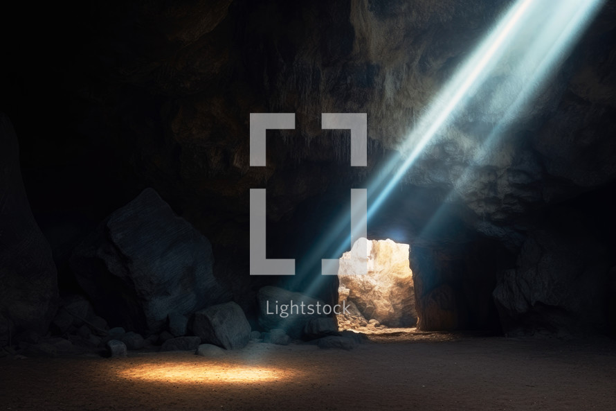 Resurrection. Interior of a cave with light rays.