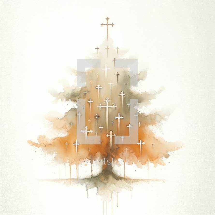 Christian christmas tree with cross. Digital watercolor painting