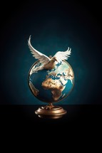 Globe with flying white dove on dark background. Symbol of Christianity
