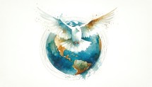 Dove of peace with Earth in the background. Watercolor digital painting.