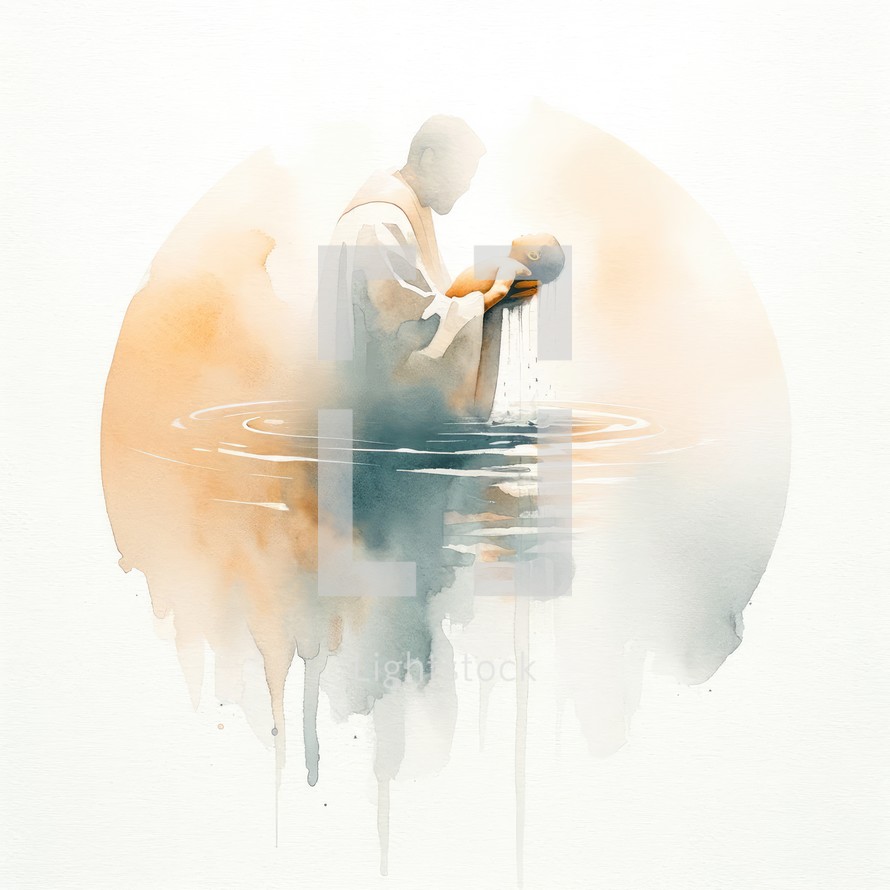  Baptism. Silhouette of a man baptizing a child in water. Watercolor illustration