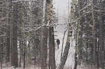 a lone man walks through the wintery forest
