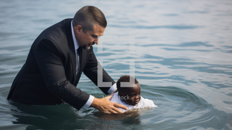 Baptism. A white Pastor baptize a little black kid in the water