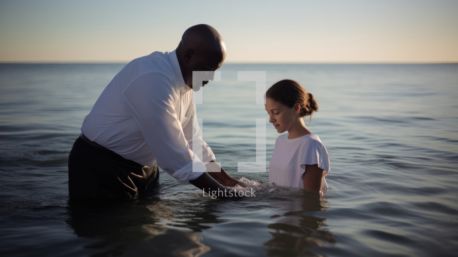 Baptism. A black Pastor baptize a young white girl in the water