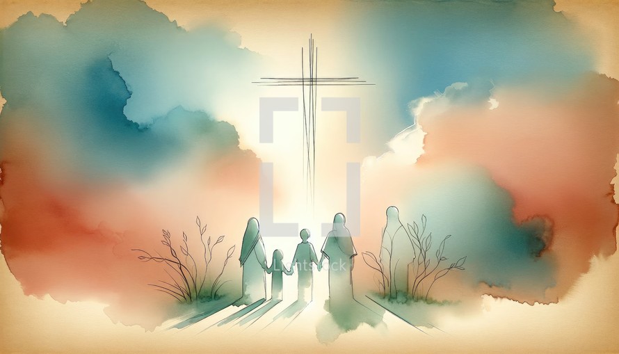  People holding hands and looking at the cross. Digital watercolor painting.
