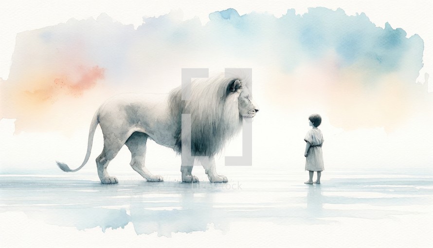 Innocence and majesty. Little kid with a big Lion symbolising Jesus. Watercolor illustration.	
