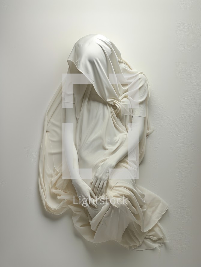 Sculpture of a woman in white fabric on a white background.