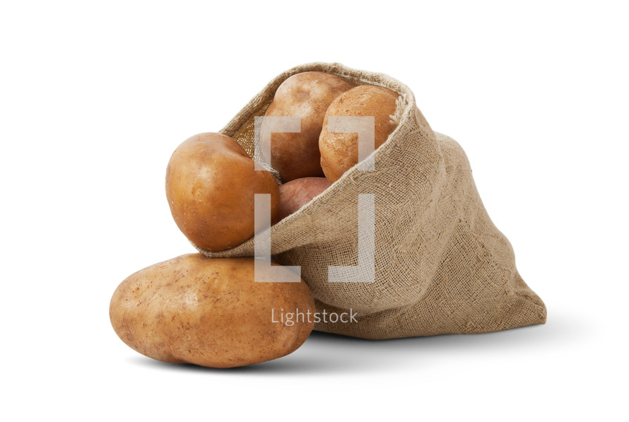 Burlap sack of potatoes.