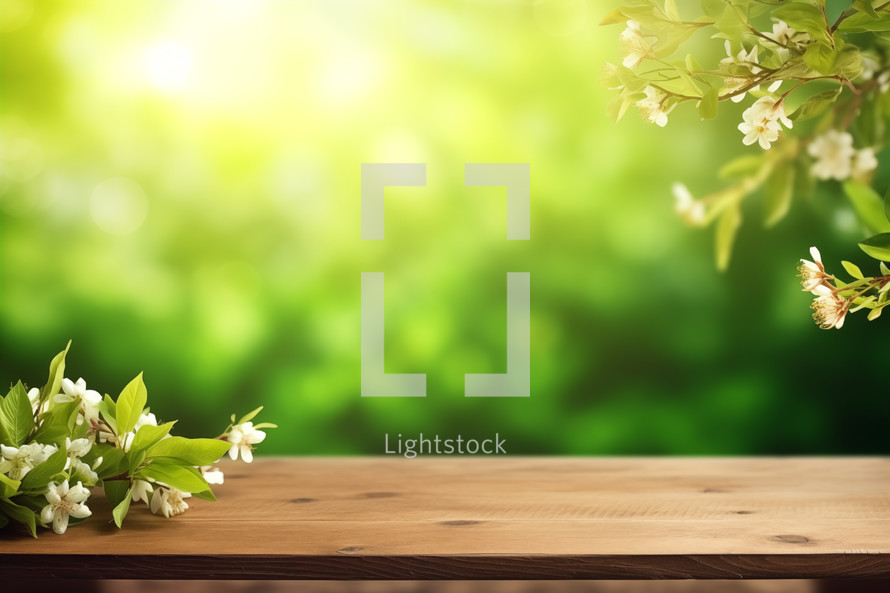 Natural Wood Background with Green Tones and Selective Focus. The backdrop showcases lush foliage with a bokeh effect. An empty wooden table offers spaciousness and tranquility