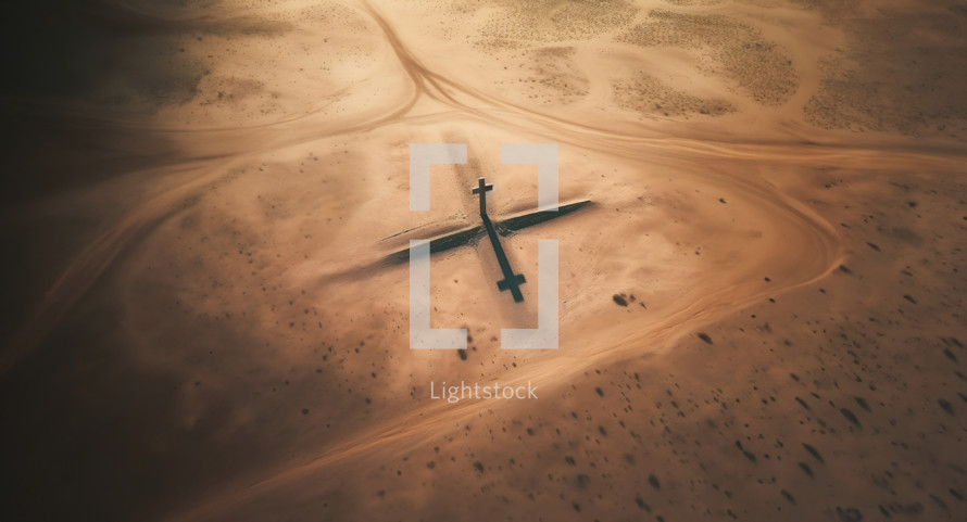 Cross in the desert with a shadow