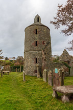 Tower and cemetery of the Old Portpatrick church of Saint Andrew in Scotland, United Kingdom