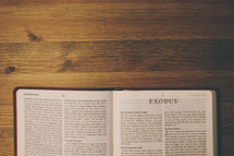 Bible on a wooden table open to the book of Exodus.