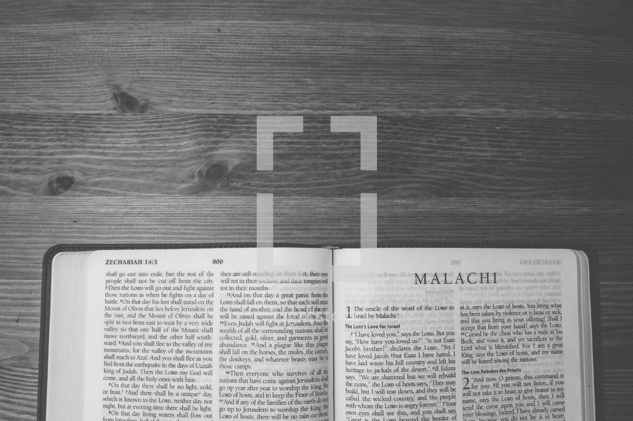 Bible on a wooden table open to the book of Malachi.