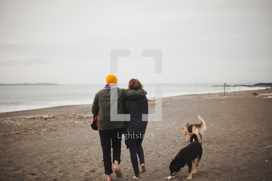 A couple walking on the beach with their dogs