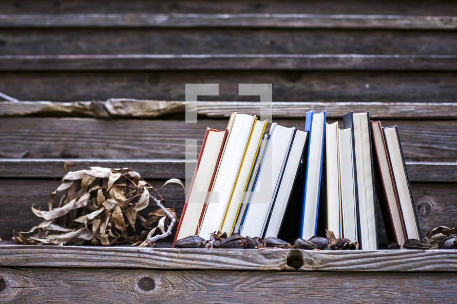 row of books on wood steps 