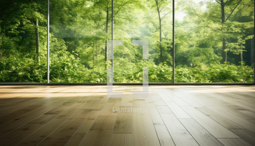 Wooden floor with view of the forest. 3d rendering.