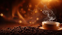 Coffee cup and roasted coffee beans with bokeh background