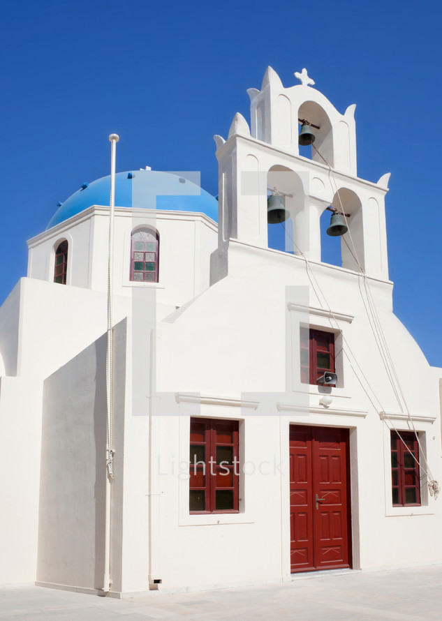 Church with blue cupola, Oia Town, Santorin, Greek Islands, Greece