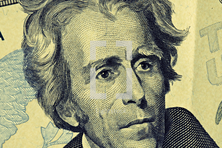 A close up of Andrew Jackson on the twenty dollar bill