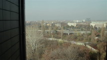 View from glass elevator looking out on Bucharest, Romania.