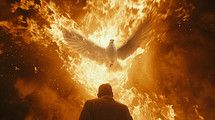A flaming dove flying towards a man