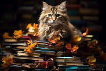 A cat on top of a bunch of books
