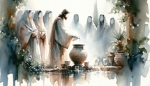 1st Miracle. Jesus, water changed to wine. Biblical. Christian religious watercolor Illustration